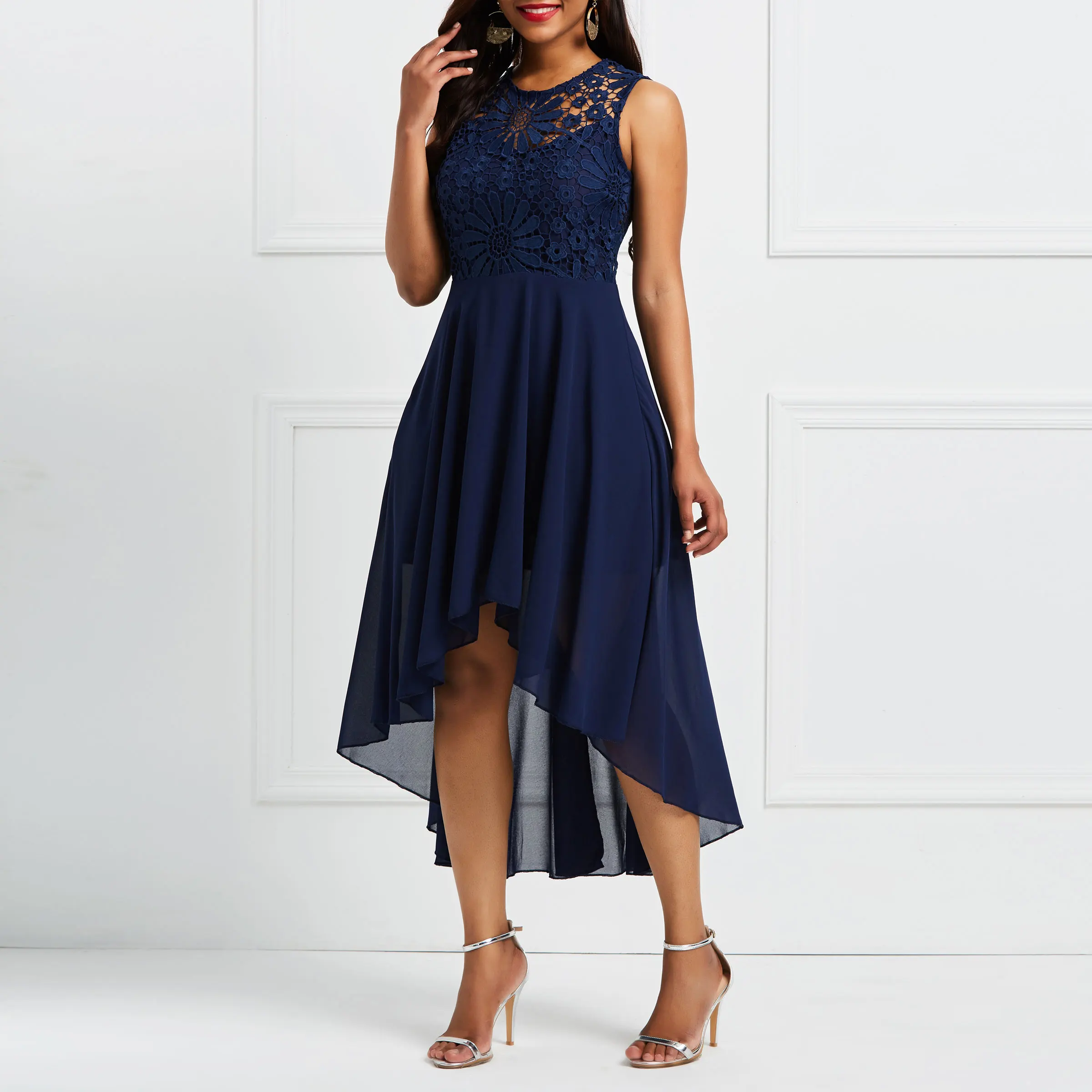 Женское шифоновое винтажное платье темно-синее кружевное асимметричное длинное