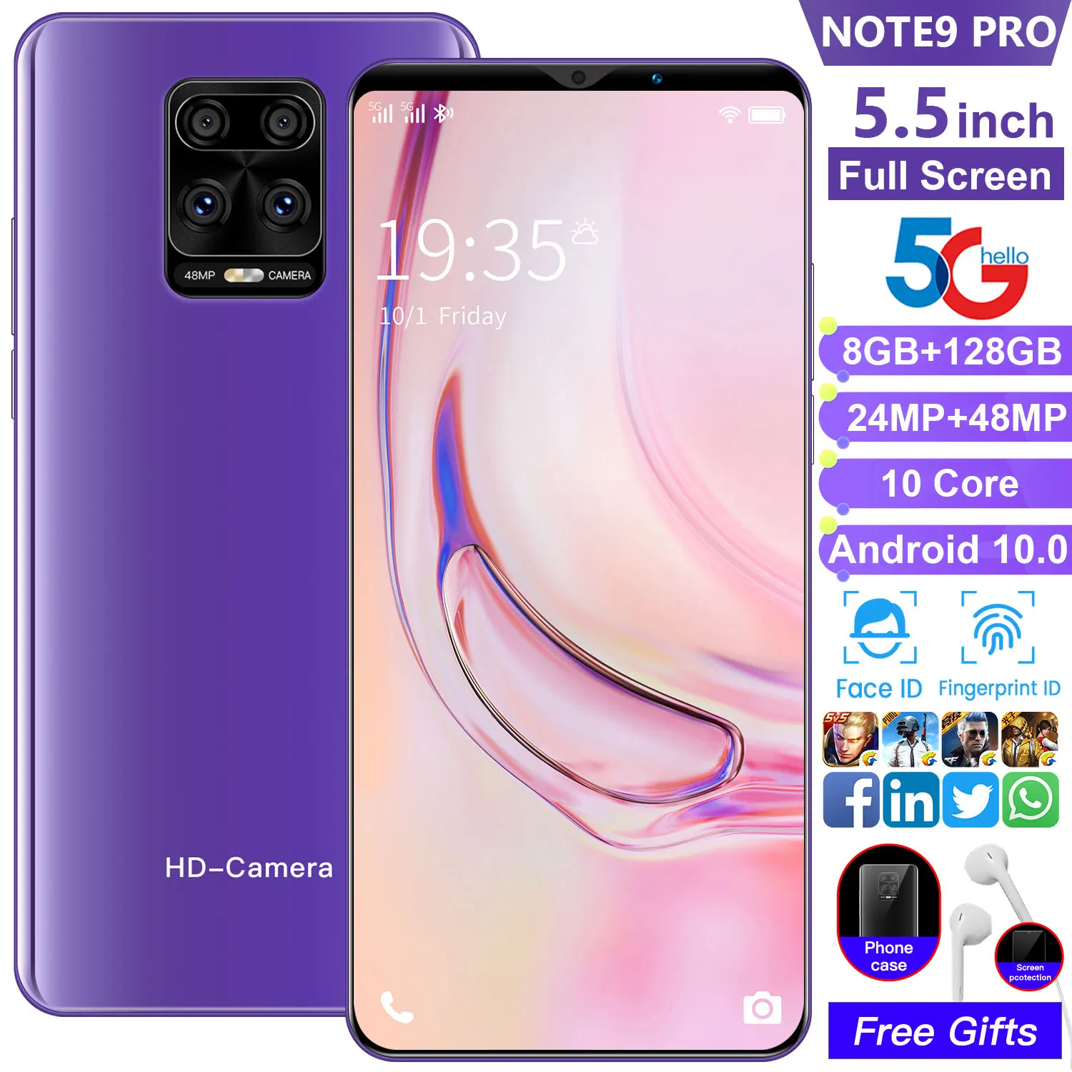 

Note9 Pro Smartphone Android Cell Phone 5G 8+128GB MTK6595 Deca Core 24+48MP Unlocked Cell Phones Global Version Featured Phone