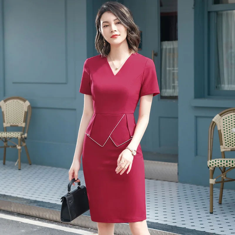 Elegant Red Slim Hips Dress for Women OL Styles Summer Short Sleeve Professional Business Work Wear Dresses Ladies Vestidos