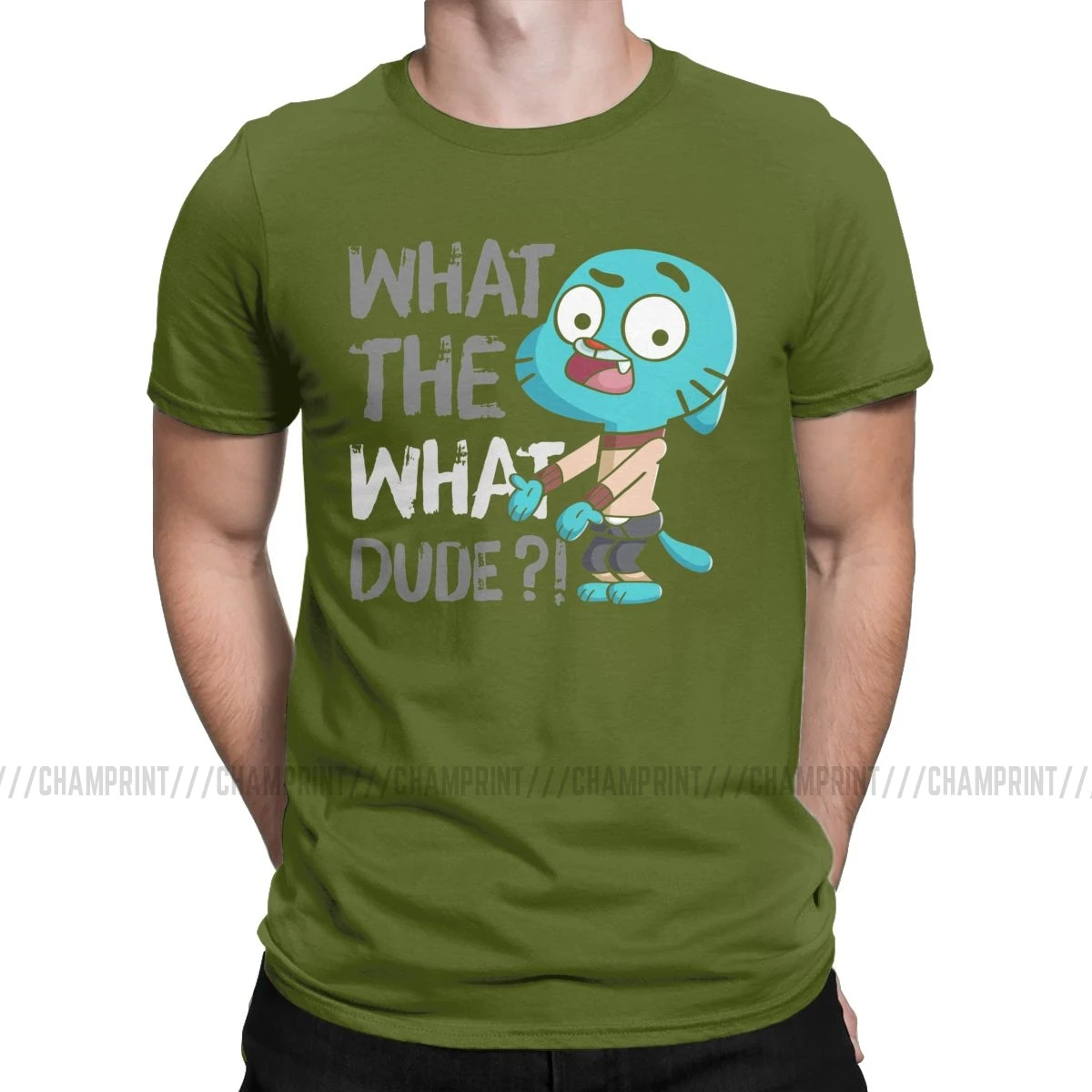 Men T-Shirt What The What Dude Creative Pure Cotton Tees Short Sleeve The Amazing World of Gumball T Shirt O Neck Tops Gift - Цвет: Армейский зеленый