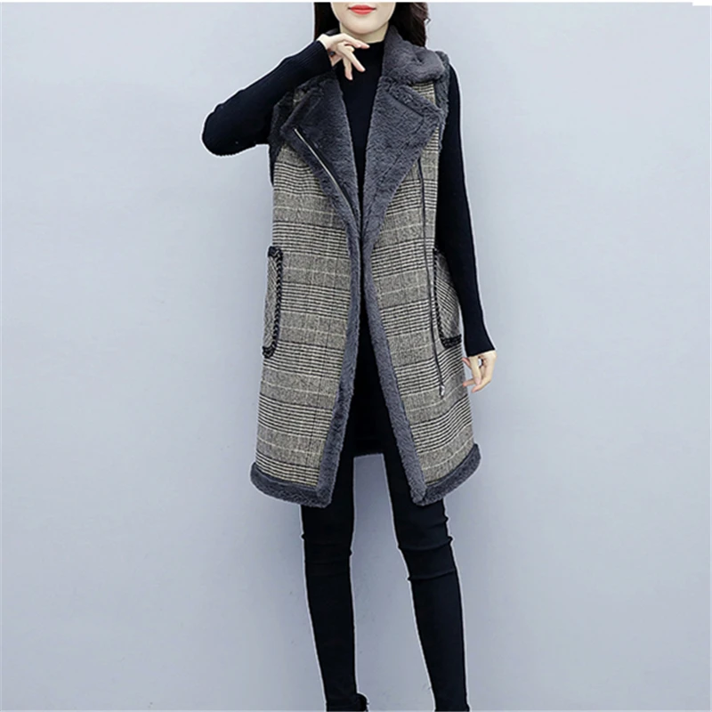 Осень Зима Новый клетчатый длинный шерстяной жилет для женщин плюс бархатный