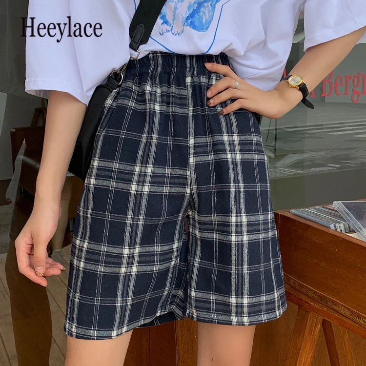 

Women Shorts Spring Summer 2021 New Wide Leg High Elastic Waist Checkered Plaid Beach Joggers Shorts Trousers
