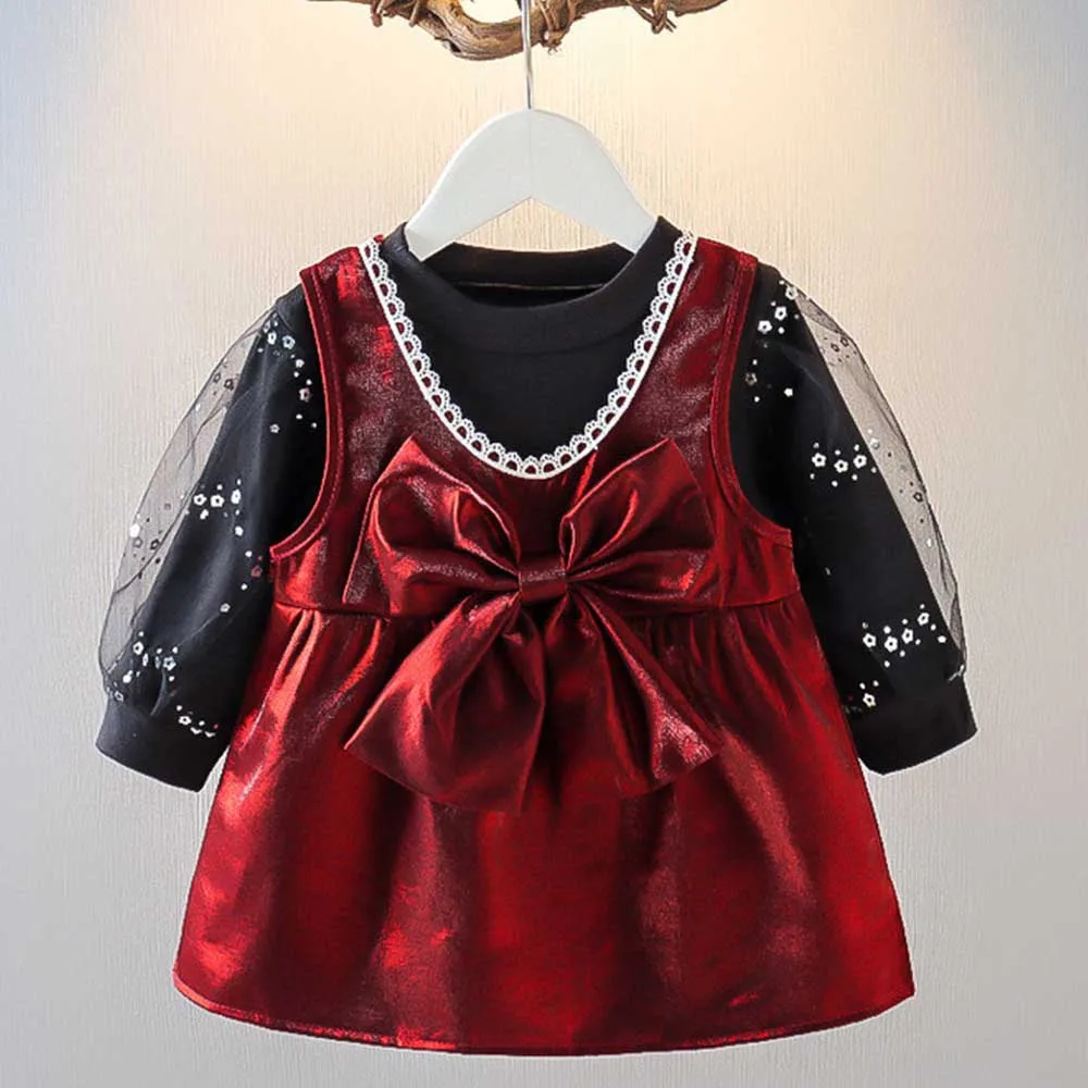 

Платье + свитшот для маленьких девочек, комплект одежды из 2 предметов, весенний детский хлопковый костюм принцессы с красным бантом, Детска...