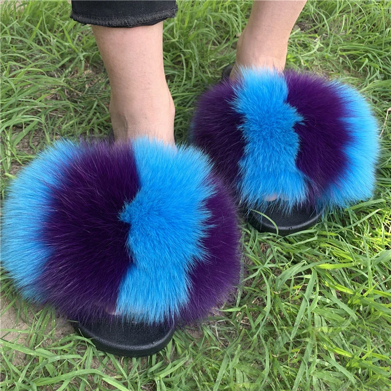 

Hot Rainbow Furry Sandals Women Real Fox Fur Slides Fluffy Plush Raccoon Fur Slippers Luxury Brand Fuzzy Shoes Plus Size Drop