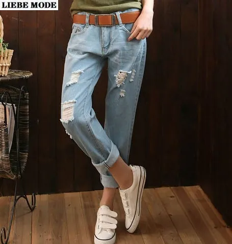 

Womens Destroyed Ripped Jeans for Women Pencil Pants Regular Fit Ankle Length Harem Denim Trousers Female Plus Size 26-38
