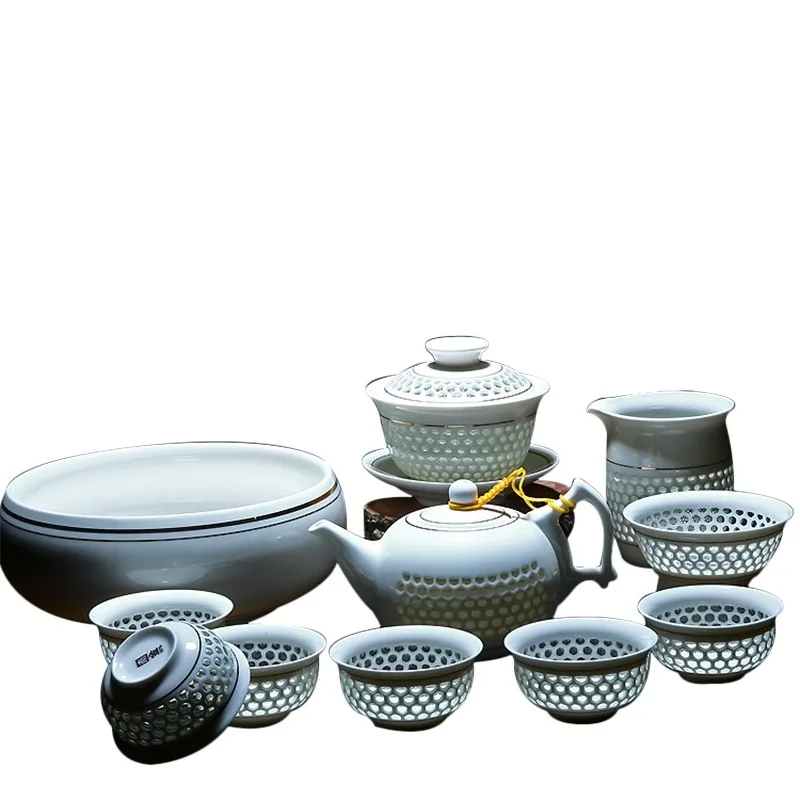 

11PCS Hollow Honeycomb Kung Fu Tea Set Blue and White Porcelain Drinkware Ceramic Glass Teacup Teapot Gaiwan Strainer Fair CupWF
