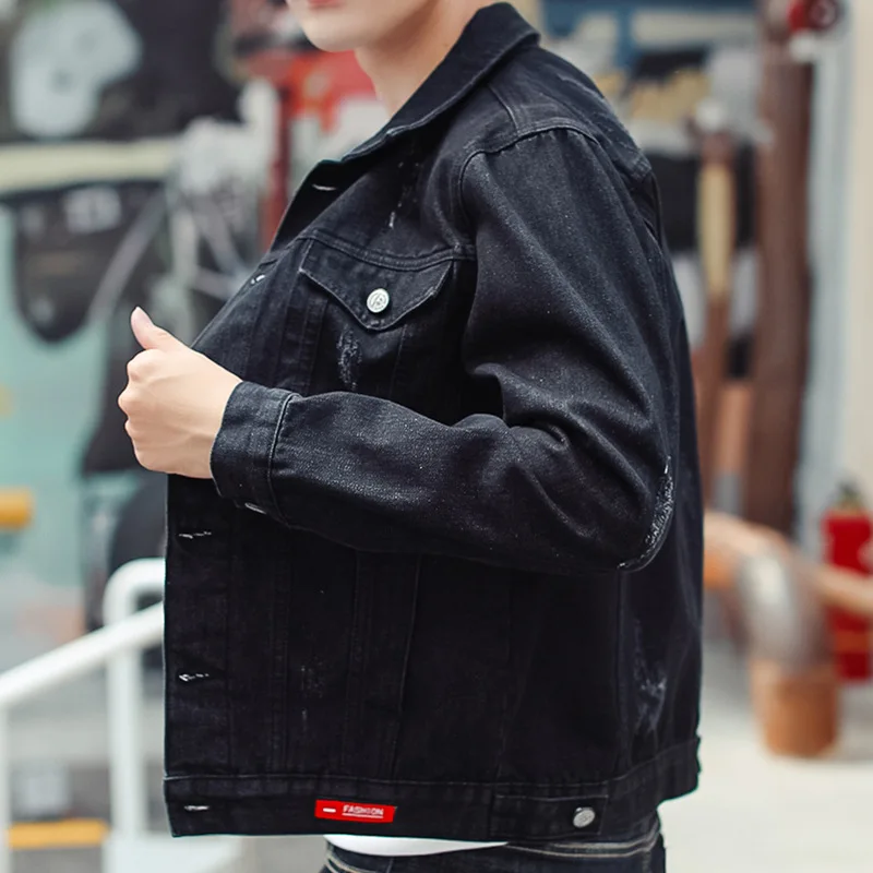 Мужская джинсовая куртка приталенная черная большого размера Осень-зима E-BAIHUI |