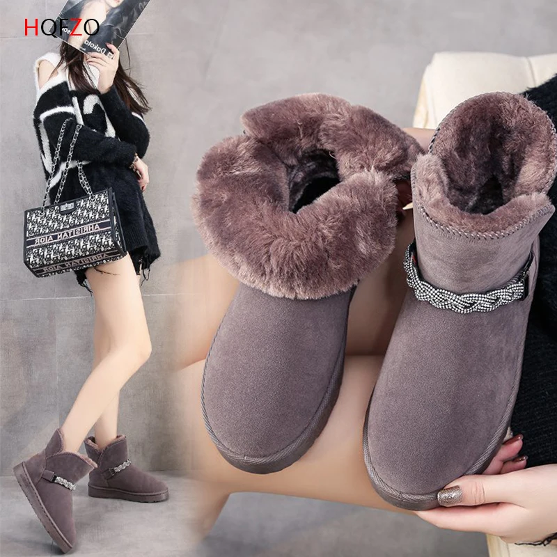 

HQFZO High quality classic women winter snow boots female warm plush buckle platform chain shoes short boots black