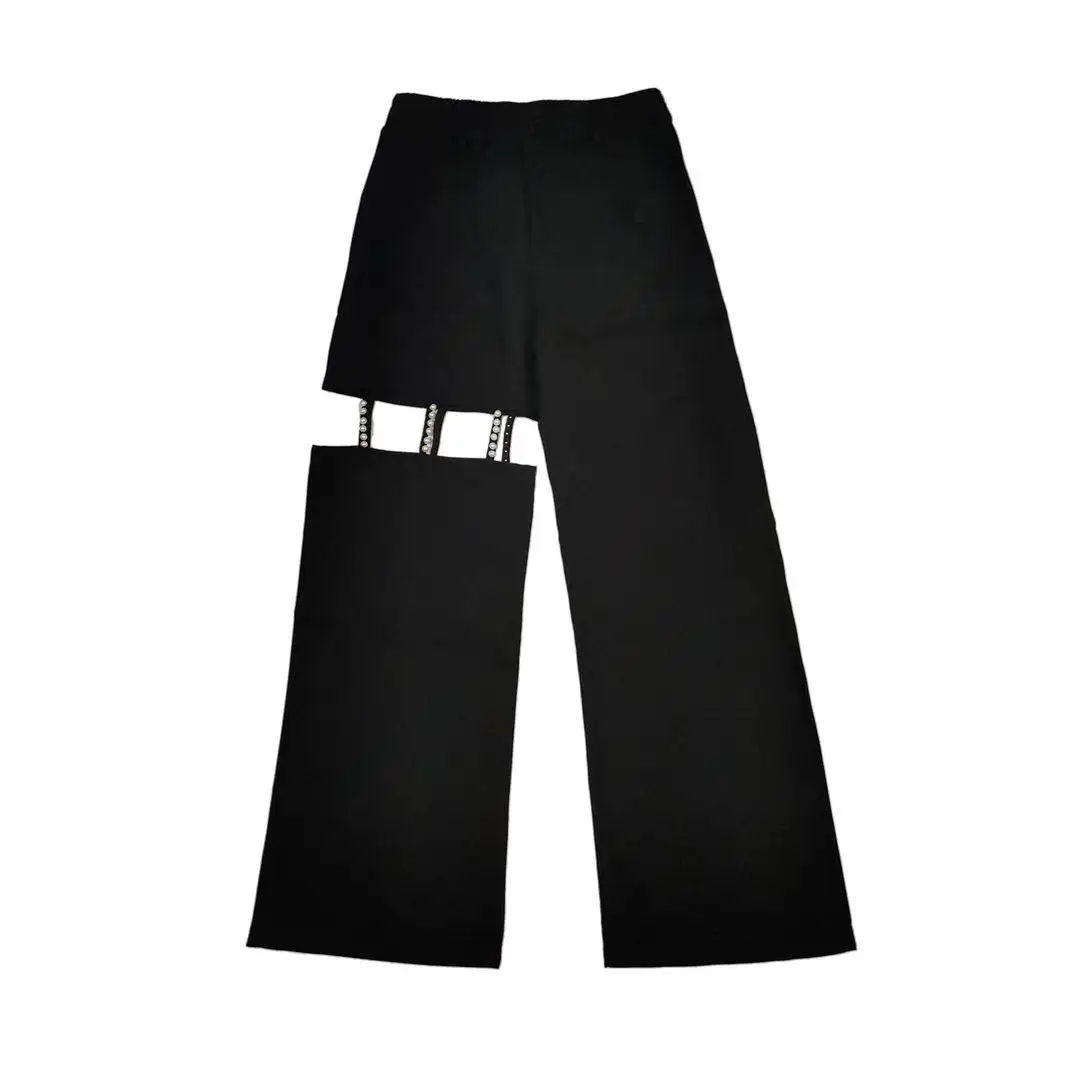 

Hollow Out Ins Black Streetwear Loose Straight High Waist Pants Fashion Brand Woman Harajuku Style Loose Casual Capris Unisex