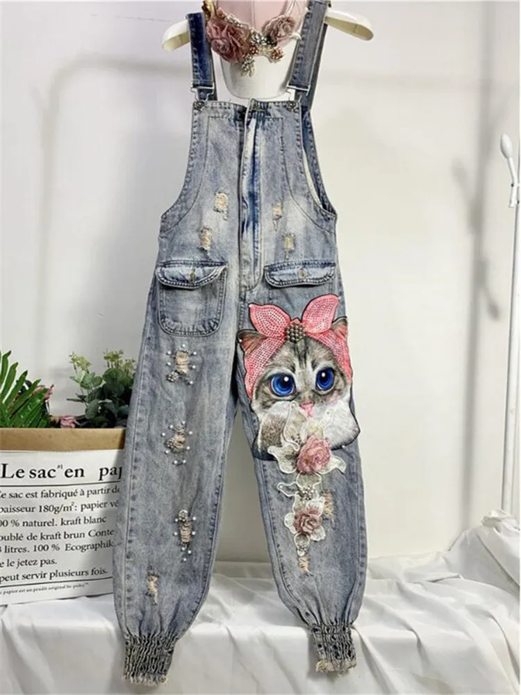 Pattern 1 Женские джинсовые комбинезоны с рисунком кота из мультфильма, комбинезоны, новые свободные джинсовые штаны с дырками, Женские повседневные длинные штаны - Цвет: Pattern 1