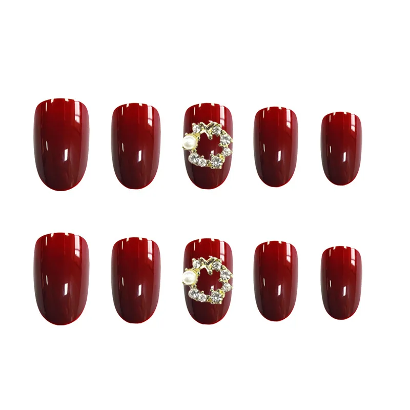 

2021 ins Medium and long round head cherry wine red rhinestone pearl diamond nail art temperament whitening fake nails patch