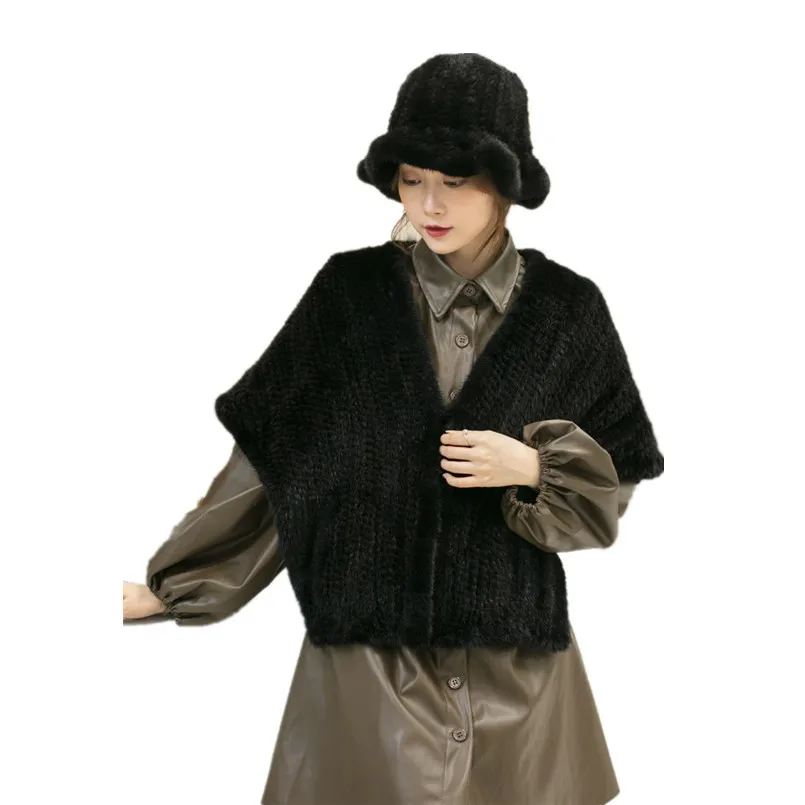 Enlarge Real Mink Fur Shawl Handmade knitted Fluffy Gray Poncho Winter Warm Black Wraps Women Stole  Scarf