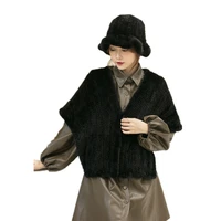 real mink fur shawl handmade knitted fluffy gray poncho winter warm black wraps women stole scarf