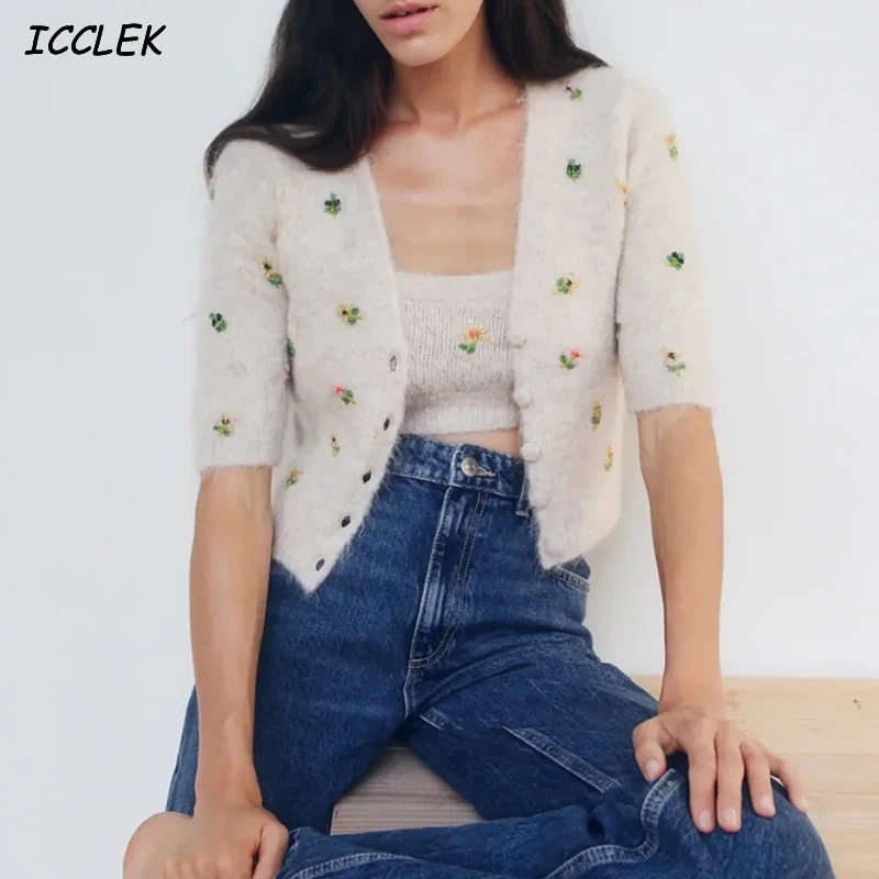 

Women's Two Piece Sweaters Cardigan Jumpers Cropped Sweaters Female Short Sleeves Beading Embroidery Knitted Jackets Floral Coat