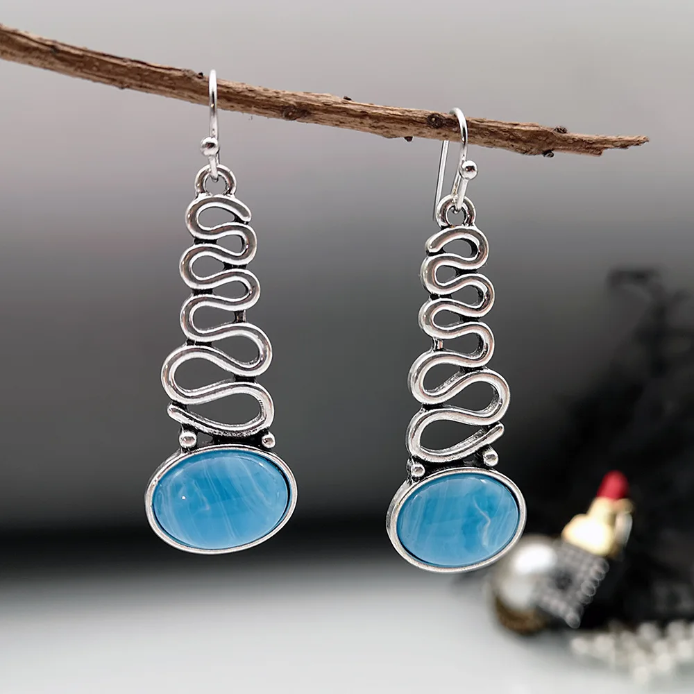

Bohemian Blue Cloud Flower Opal Earrings European And American Creative Wave-Shaped Long Swing Earrings Women's Jewelry
