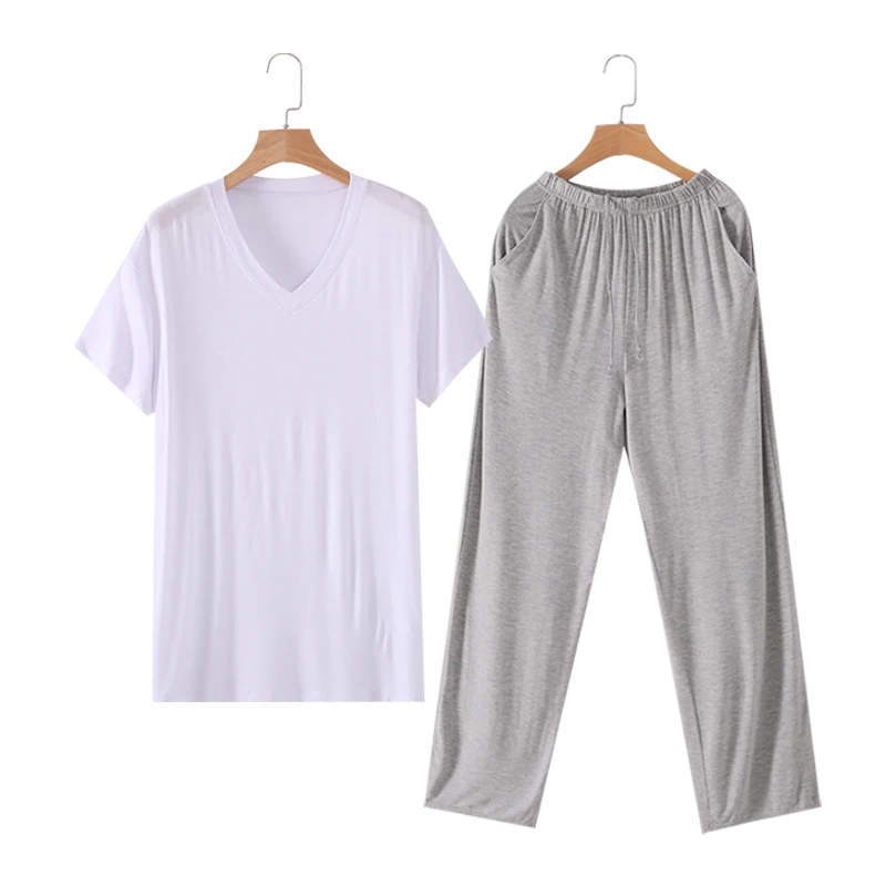 Modal Cotton Mens Pajamas Suits Short Sleeve Summer Modal Man Sleepwear for Causual Home Service Suits Loose Style Solid Colors