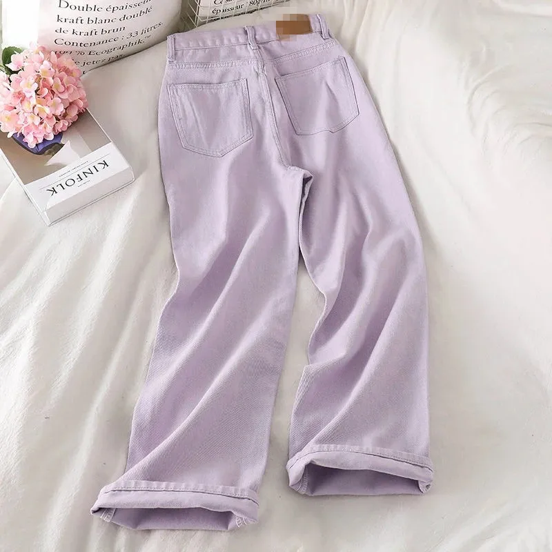 

Boyfriend Jeans For Women Casual Loose Purple Denim Mom Jeans Women Spring High Waist Wide Leg Full Jean Female Denim Trousers