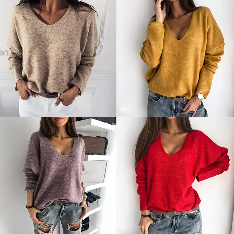 Casual Women Knitted Sweater V Neck Solid Color Knitwear Ladies Autumn Clothes Female Pullovers Fashion Pull Femme Tops Pusero | Женская