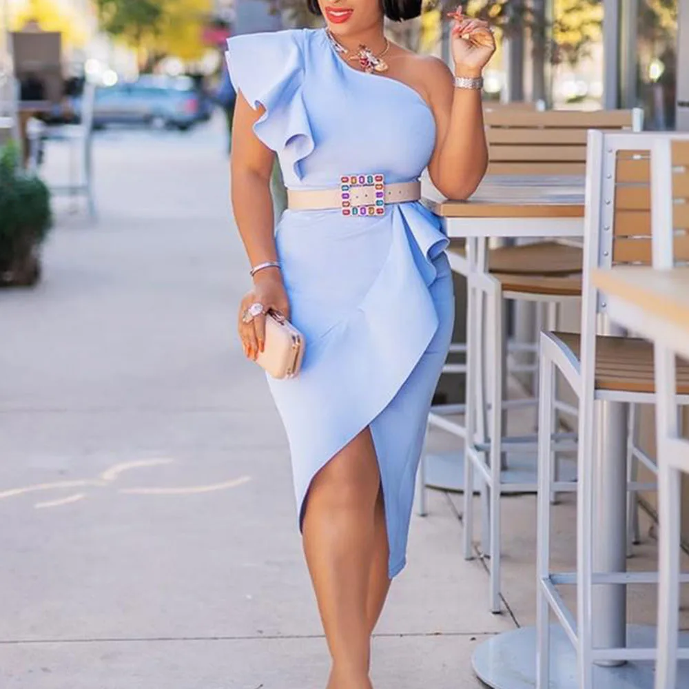 

Women Dresses One Shoulder African Style Elegant Party Sexy Evening Bodycon Split Female Blue Ruffles Midi Dress Prom 2021