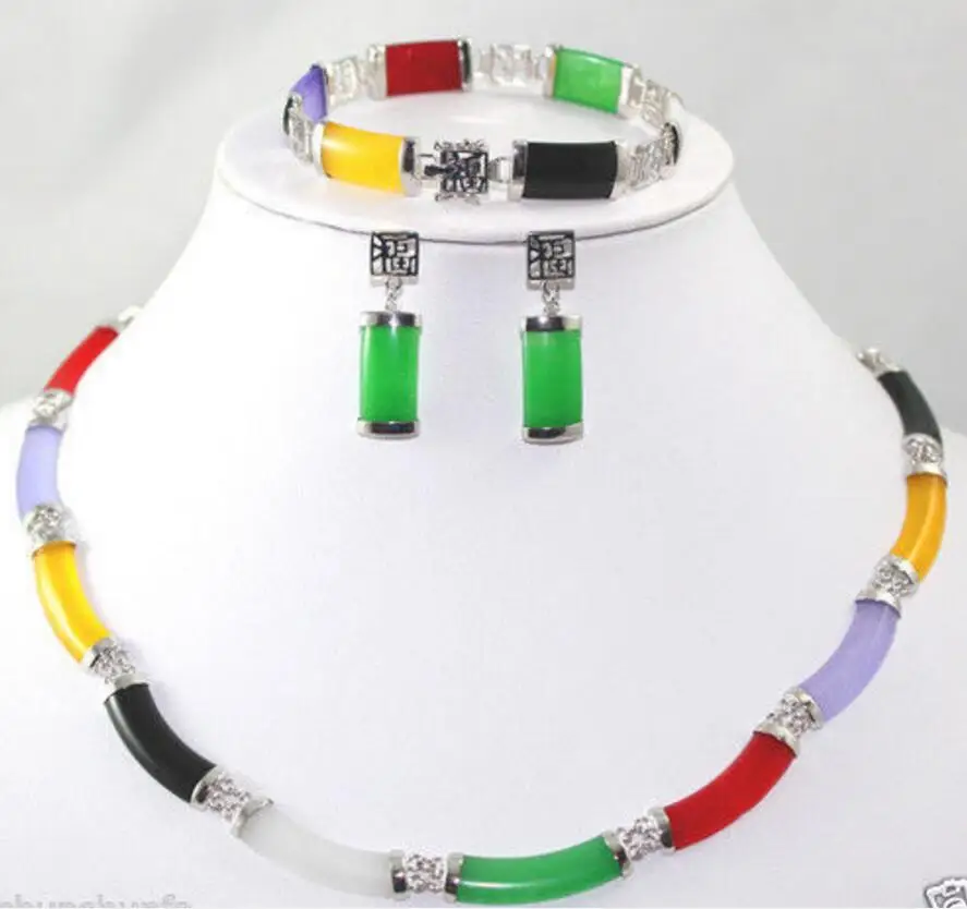 

Free Shipping pretty Fine Multi-Coloured Jade bracelet earring Necklace Aed set