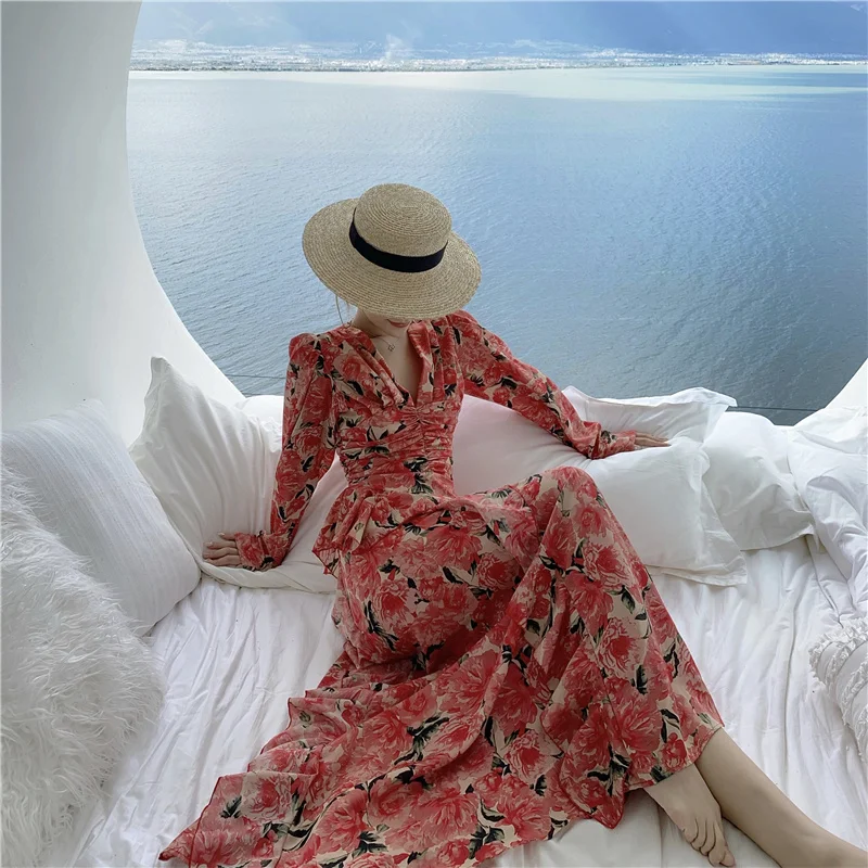 

Vestido de gasa de estilo francés para mujer, ropa roja de manga larga con flores y cuello en V, Vintage, primavera y verano,