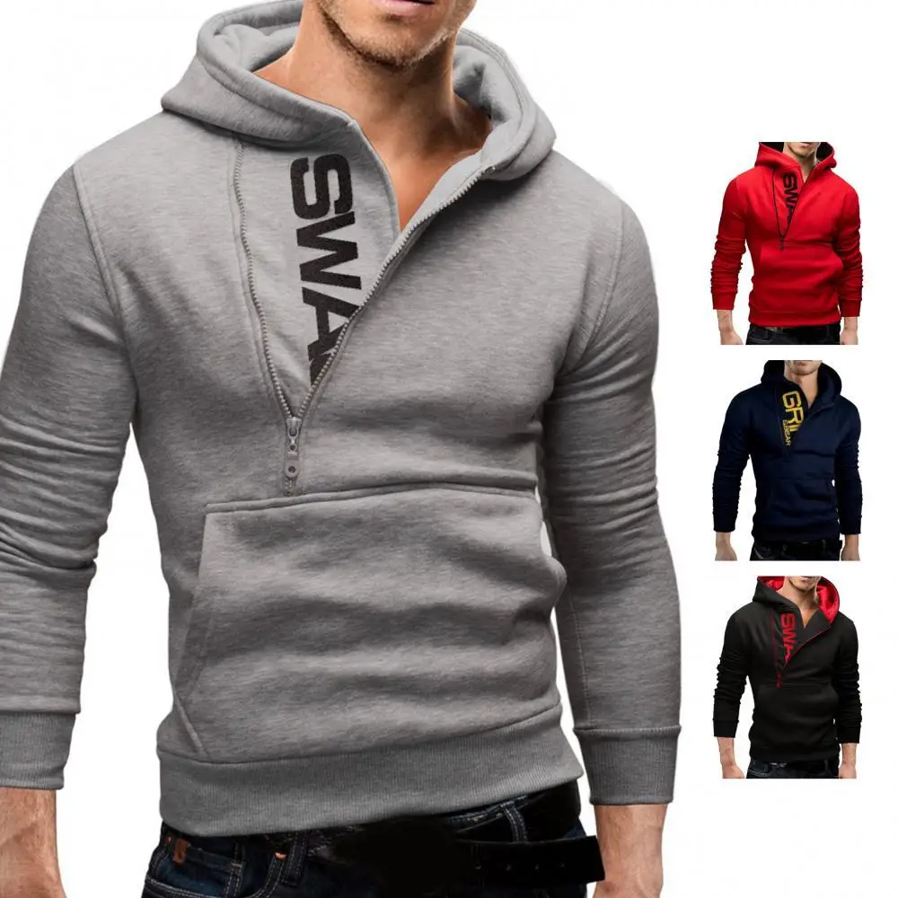

Men Hoodies Autumn Winter Long Sleeve Letters Print Half Zipper Sweatshirt Pocket Casual Slim Hoodie Outerwear Male Tops 4 Color