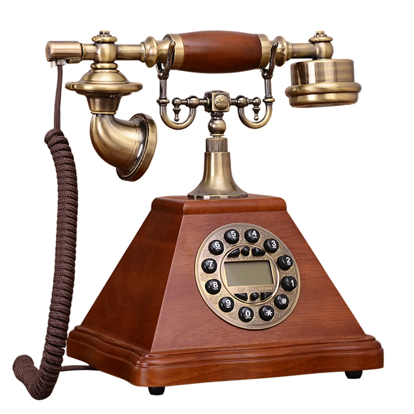 Antique Button Dial Corded Retro Phone, Vintage Decorative Telephones with Caller ID, Solid Wood Corded Landline Telephone