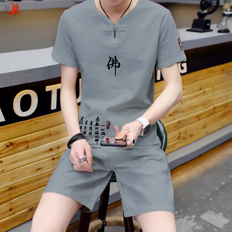 

Костюм в китайском стиле, мужская летняя хлопковая и льняная футболка с короткими рукавами, 2021 тренд, повседневный льняной комплект из двух ...