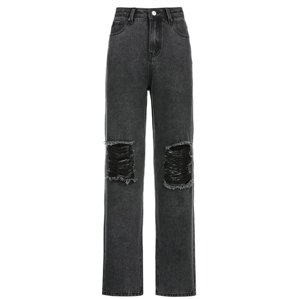 

XBUEN Vintage Women Ripped High Waist Loose Jeans Korean Fashion Straight Wide Leg Pants Streetwear Casual Denim Trousers 2021