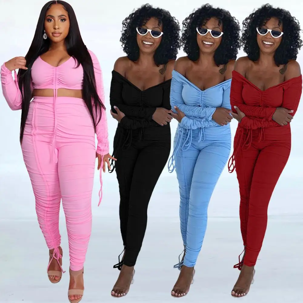 

Autumn Winter Woman Tracksuit Ruched Drawstring Long Sleeve Crop Top and Fitness Legging Sexy Elastic High Bodycon Matching Set