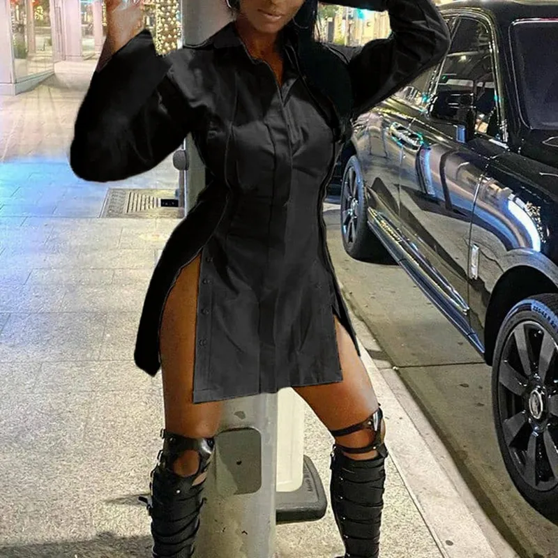 

Laamei Women White Shirt Dress Sexy Split Mini Dress Long Sleeve Shirt Dress Button Women Clothes Fashion Clubwear Vestidos