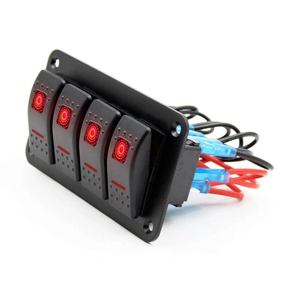 

12-14V 4 Gang Rocker Switch Panel Circuit Breaker Red LED RV +Sticker For Vehicles Yachts Ships Caravans Trucks Easy DIY part