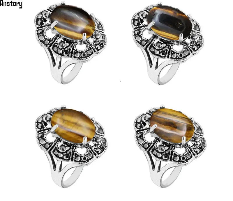 Oval Natural Tiger Eye Rings For Women Vintage Look Antique Silver Plated Rhinestone Plum Flower Fashion Jewelry TR692