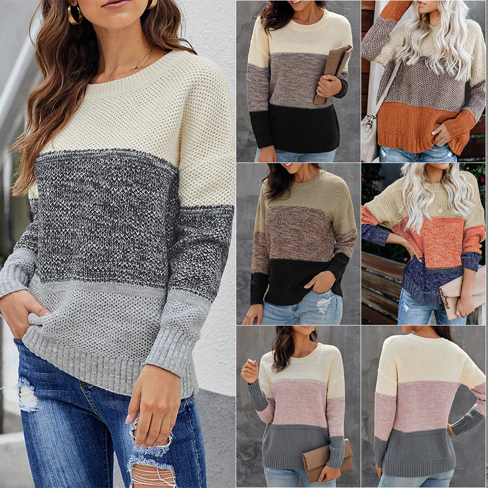 Женский трикотажный свитер контрастный пуловер с длинным рукавом и круглым