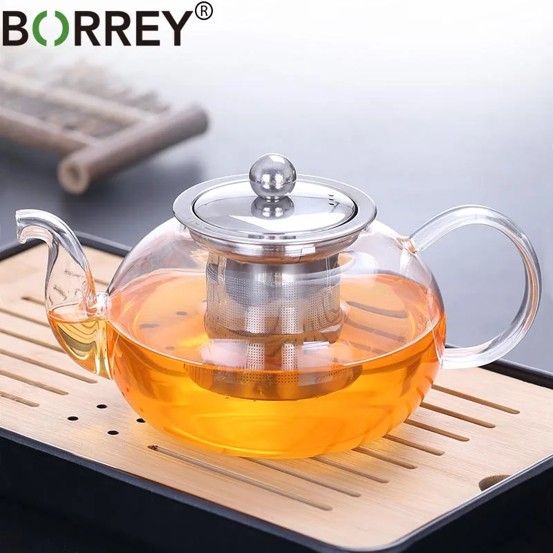 BORREY Borosilicate Glass Teapot Teaup Flower With Removable Infuser Filter Heat Resistant Stove Warmer Base | Дом и сад