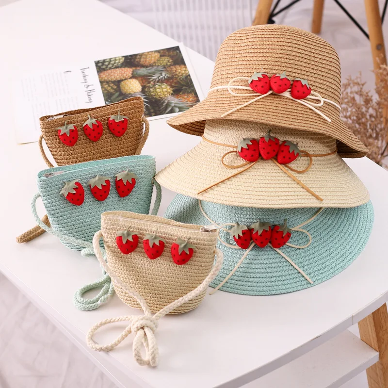 

Kids baby outdoor cartoon hat and Shoulder bags Summer child girl holiday casual beach Strawberry straw hat Sun cap