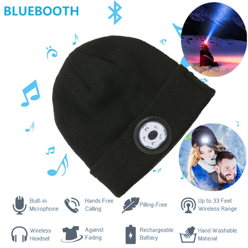 Bluetooth 5.0 LED Hat Built-in Stereo Speakers & Mic USB Rechargeable Lighted Knit Cap for Sports and Outdoors | Электроника