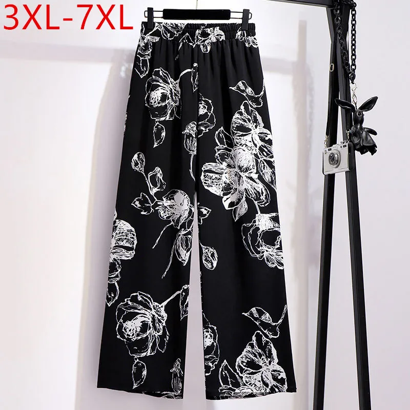 

New 2021 summer plus size flare pants for women large loose casual wide leg floral print black long trousers oversize 6XL 7XL