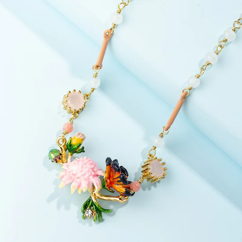 

Autumn and winter Monet's garden series gold-plated enamel necklace fashion style ladybug pink flower necklace jewelry female