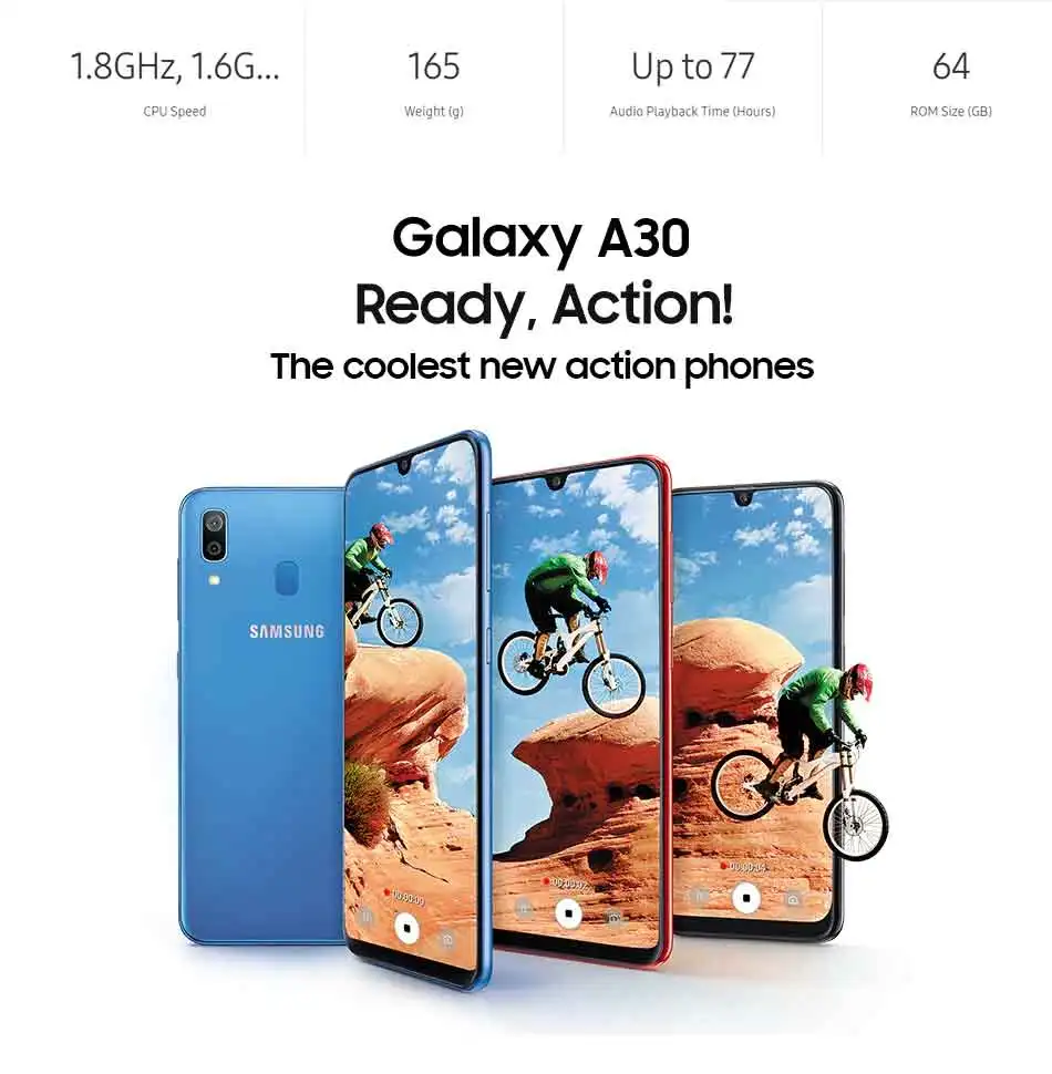 Мобильный телефон samsung Galaxy A30 A305F-DS LTE, 6,4 дюймов, 4 Гб ОЗУ, 64 Гб ПЗУ, четыре ядра, Android 9,0, две sim-карты, отпечаток пальца