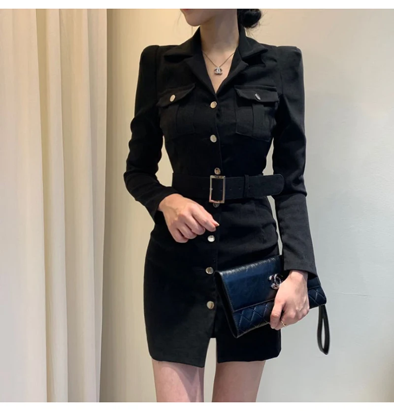 Trytree Autumn Winter Women Casual Dress Turn-down Collar Single Breasted Pockets Belt 5 Colour Slim fit Fashion Mini Dress