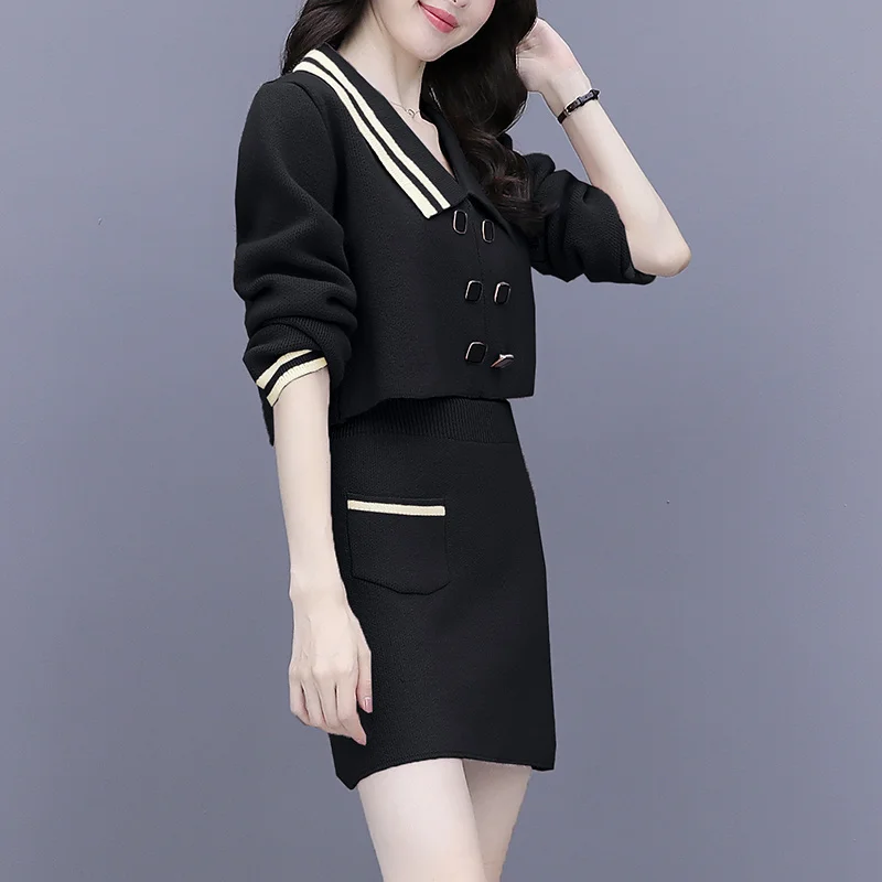 French Style Knitted Dress Suit Small Autumn and Winter Clothing New Waist-Tight Slimming Sweater Two-Piece Set | Женская одежда