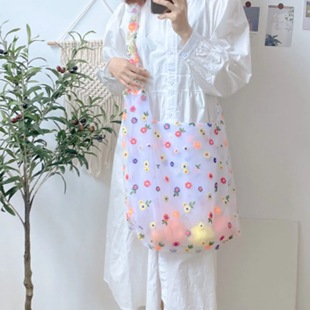 

Сумка для покупок Ins из органзы Женская, вместительный многоразовый складной тоут, сетчатый мешок с кружевом для хранения