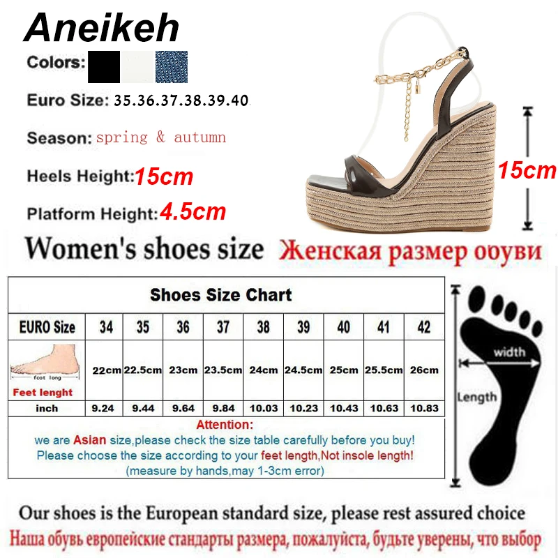 

Aneikeh New Gold Woven Square Wedges Sandal Chain Metal Decoratio Fashion Sandalias Ankle Strap Buckle Summer Shoes For Women