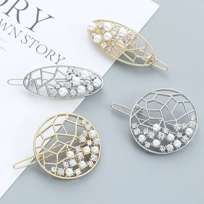 Блестящие заколки для волос полые Стразы жемчужные женщин милые геометрические