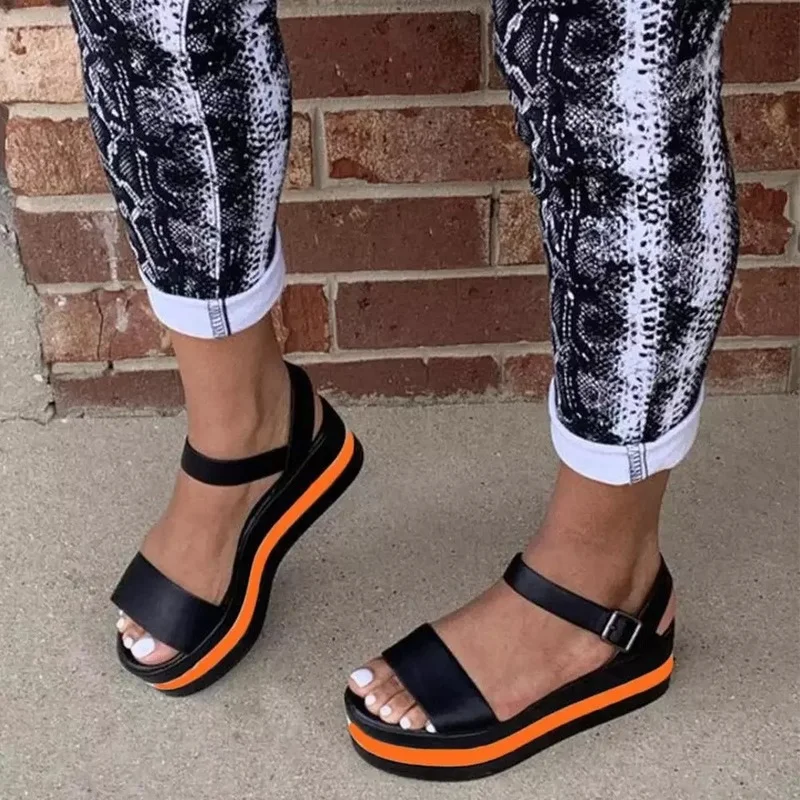 

One Word Belt Sandals Female Summer Ins Super Fire Casual Color Matching Sandals Thick-soled Roman Shoes Fashion Street Shooting