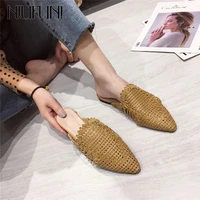 niufuni new style women slippers rattan knit casual sandals indoor floor shoes home mules pointed toe flat shoes woman 2020