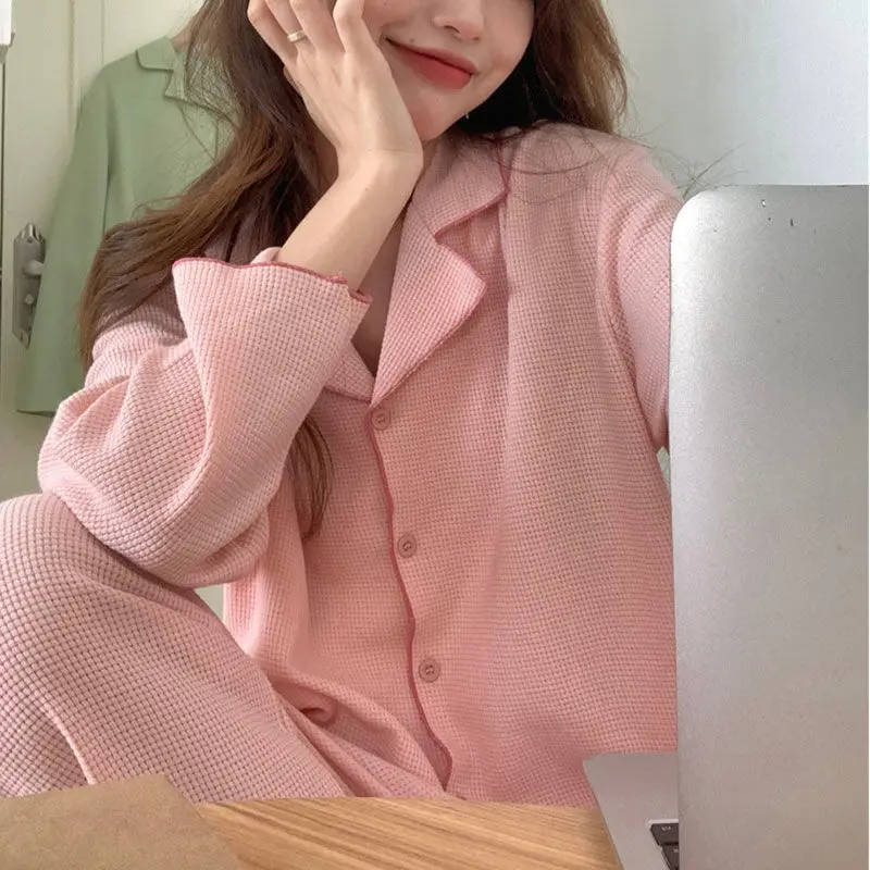 QWEEK Pijamas Women Apricot Green Pink Long Sleeve Trousers Plaid Pajamas Spring Autumn Sleepwear Kawaii Home Clothes Pyjamas