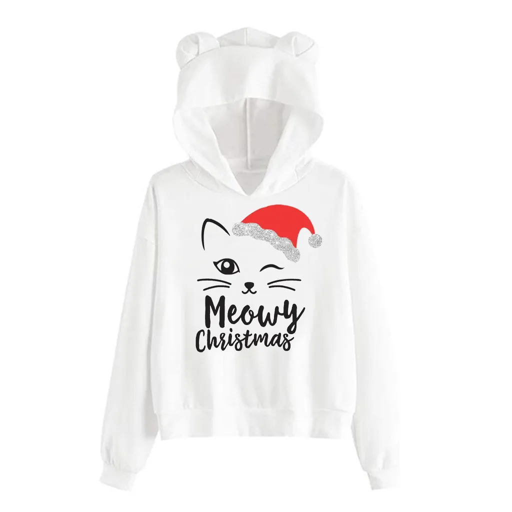 Sweatshirt Women Loose Long Sleeve Pullover Hooded Sweatshirts Cat Christmas Printed Oversized Hoodies Tops Autumn Winter 2020