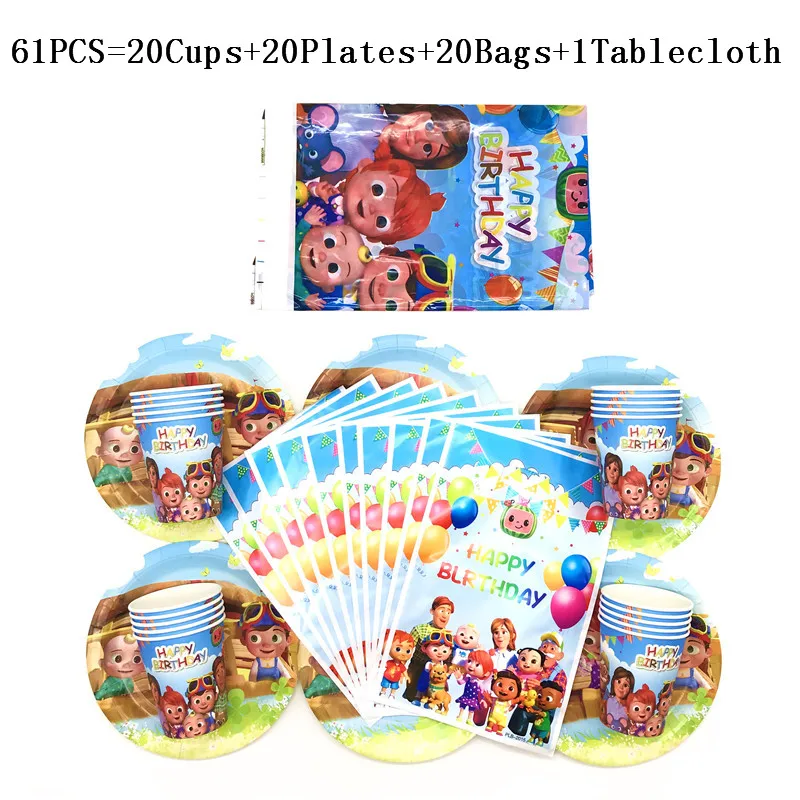 

61Pcs Disney Cocomelon Theme Kids Birthday Party Decorations Cups Plate Tablecloth Festival Gift Bags Cocomelon Tableware Supply